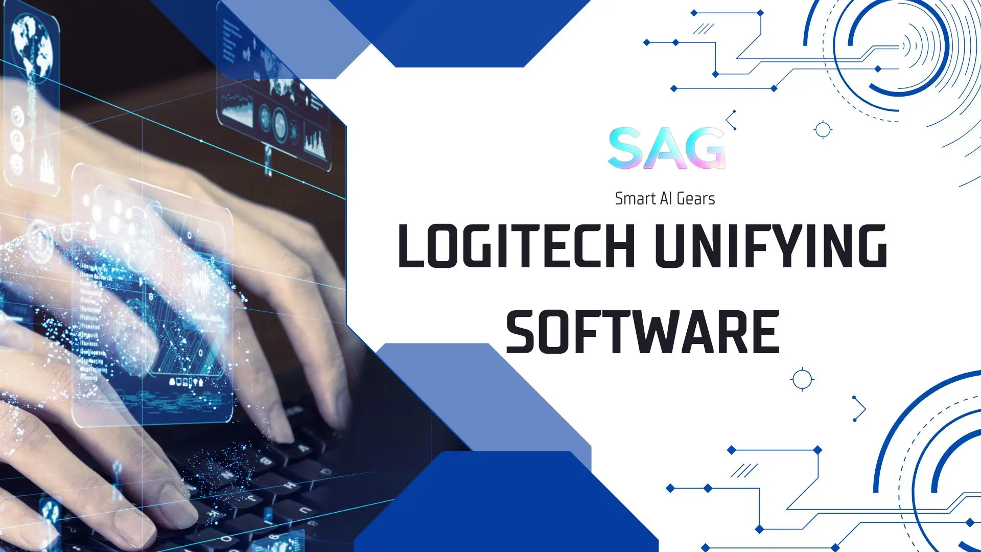 Logitech Unifying Software - A futuristic technology-themed banner displaying a person typing on a keyboard with digital interface elements, promoting Logitech's software for connecting multiple devices.