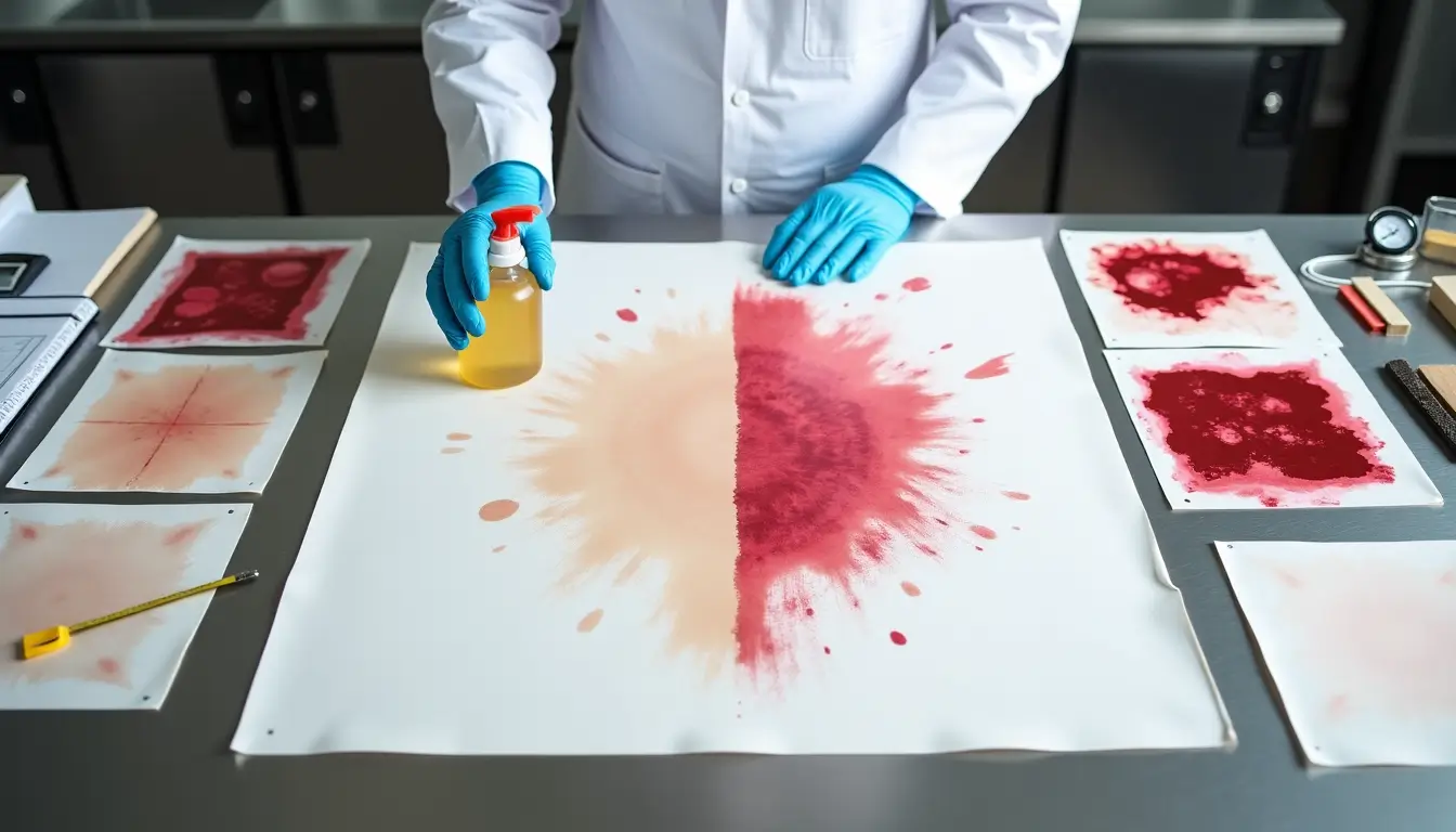 A forensic scientist conducting an experiment on Yell51x-ouz4, a mysterious substance, analyzing its reaction on a test surface in a laboratory.