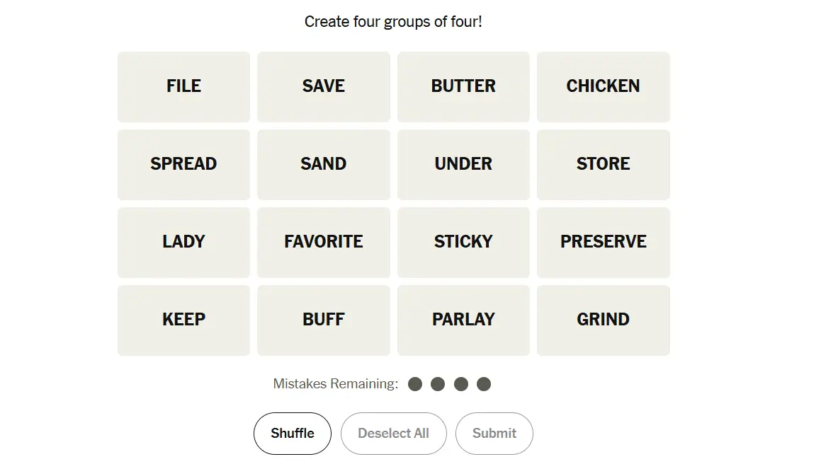 NYT Connections help today – a word grouping puzzle with options like file, save, butter, chicken, and more.