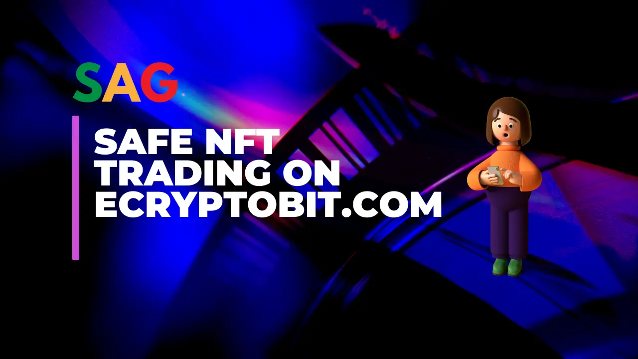 Safe NFT Trading on Ecryptobit.com with a 3D character using a smartphone, showcasing modern digital art and technology. Smart AI Gears