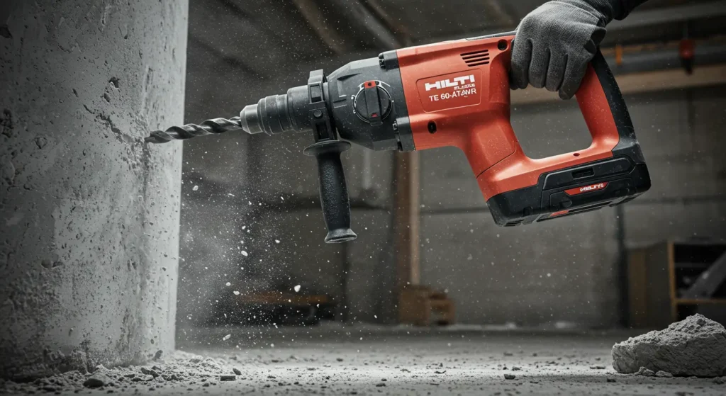 Action shot of Rotary Hammer Review drilling concrete in a job site test for Tool Tested.