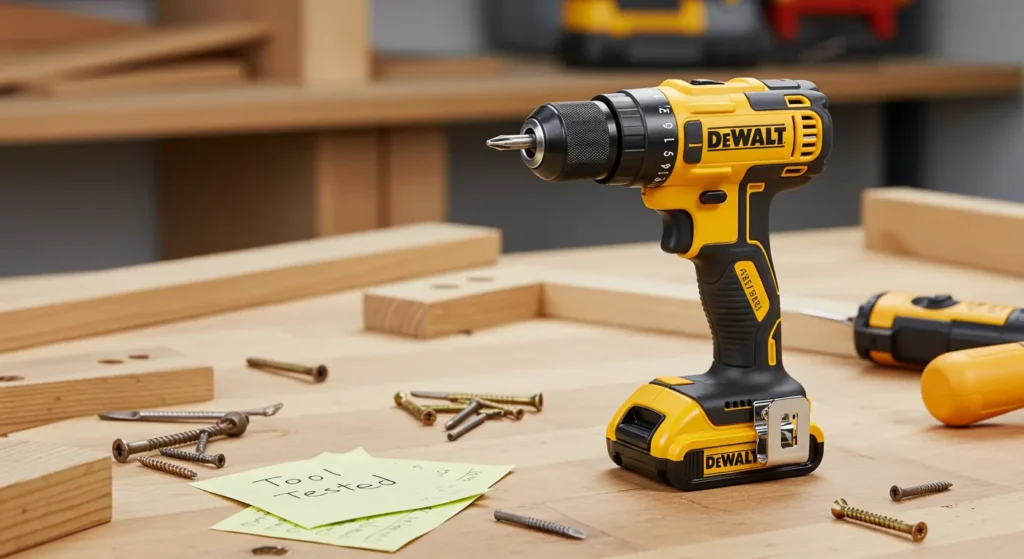 The DeWalt 8V MAX twisting cordless screwdriver on a workbench with DIY materials and a notepad displaying Smart AI Gears