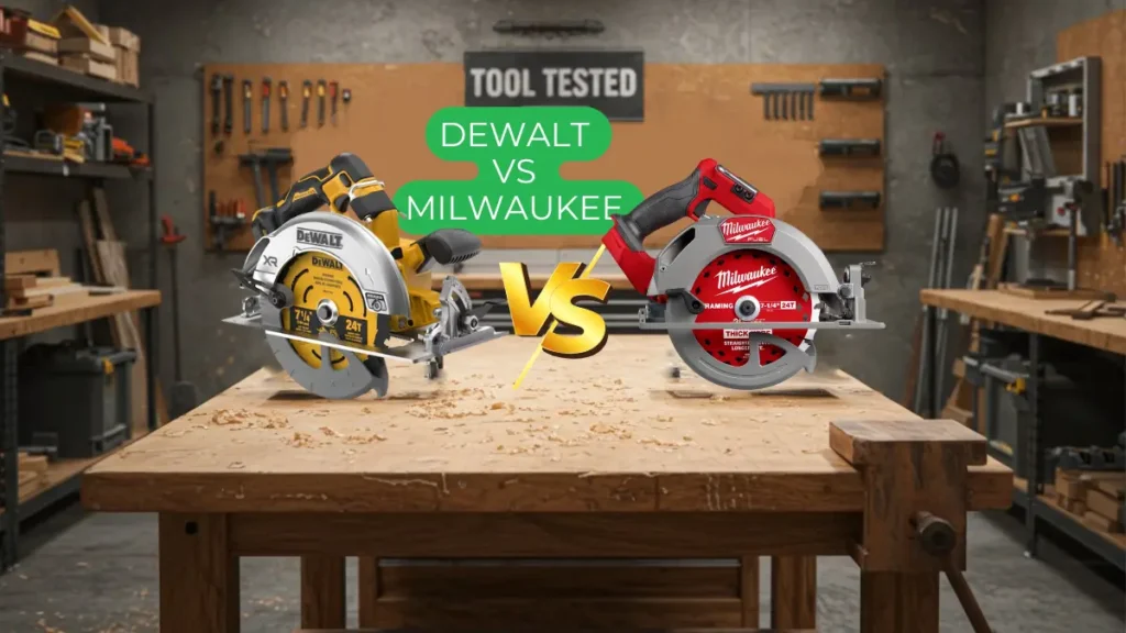 DeWalt DCS590 vs. Milwaukee 2834 - My Hands-On Test: cordless circular saw comparison on a workbench. Smart AI Gears