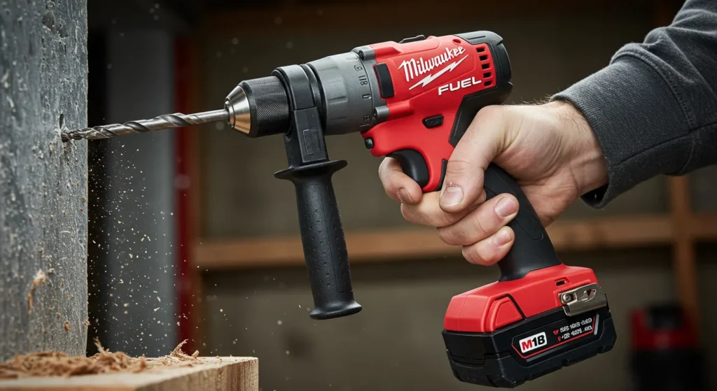 Milwaukee M18 Fuel Hammer drilling into wood.