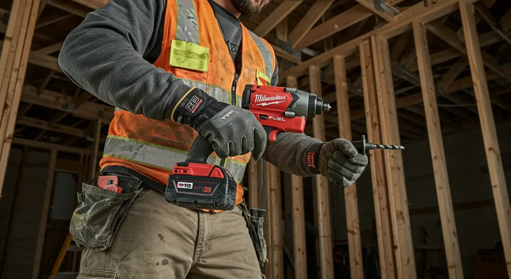 A contractor using a Milwaukee M18 FUEL power tool on a construction site, as part of a Milwaukee Electric Tools Review on Tool Tested.