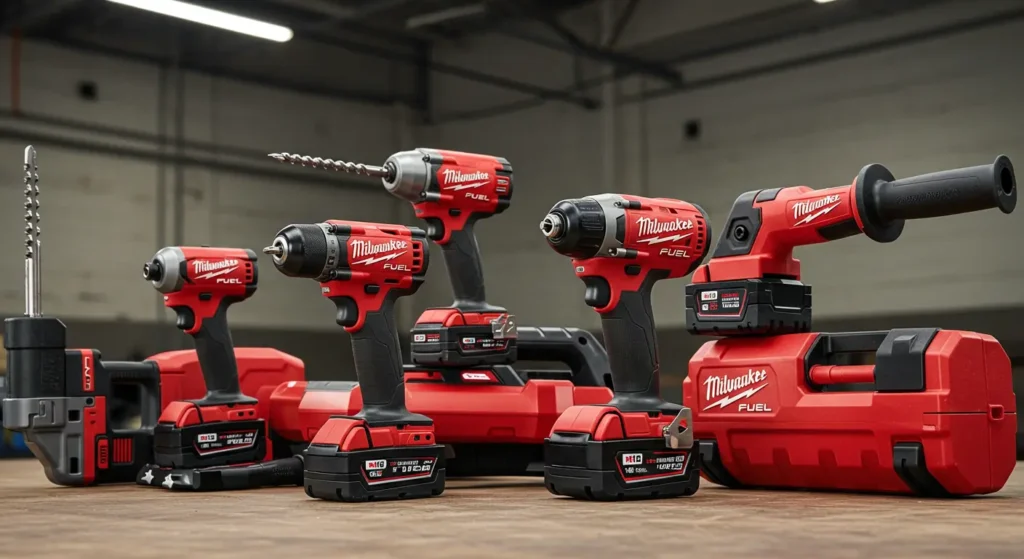 A collection of Milwaukee M18 FUEL and MX FUEL power tools showcasing the range of products in this Milwaukee Electric Tools Review on Smart AI Gears