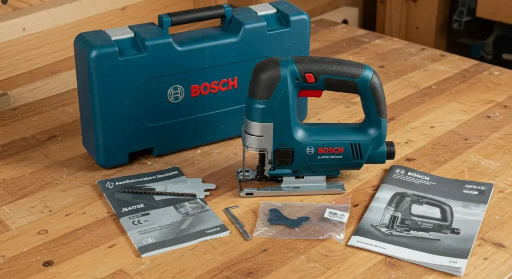 Bosch JS470E jigsaw with included accessories like case, blade, and anti-splinter insert.