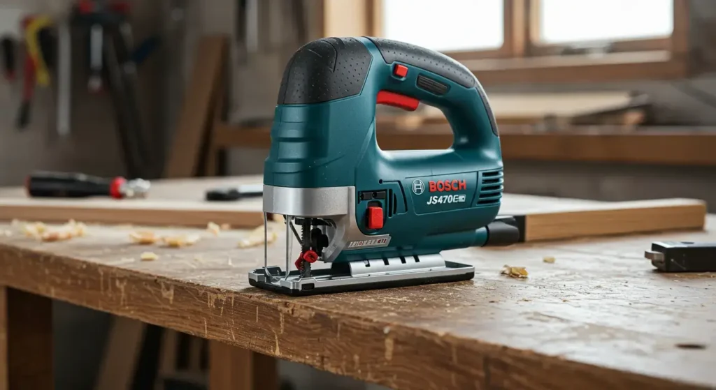 Bosch JS470E Jigsaw resting on a workbench. Smart AI Gears