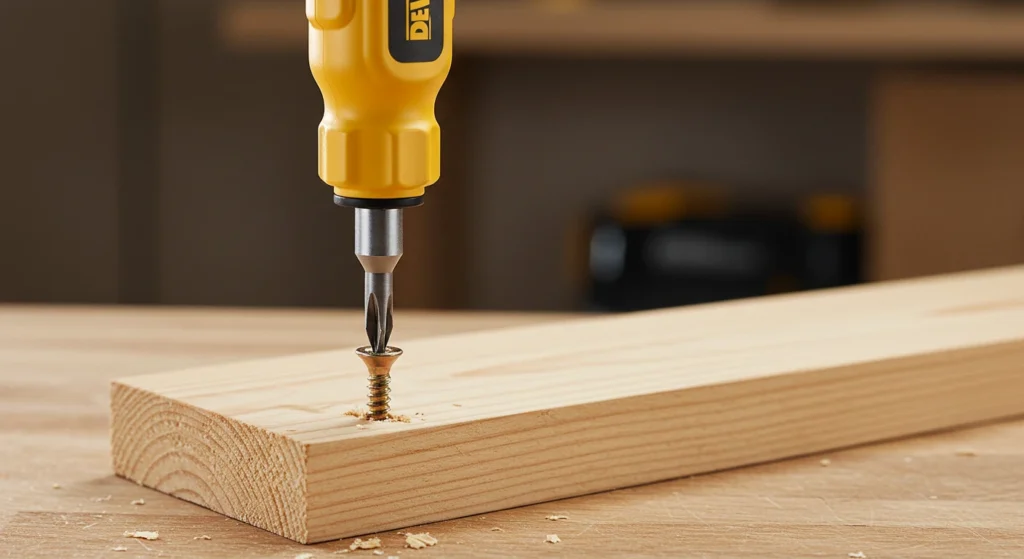 The DeWalt FLEXDRIVE DWHT66719 cordless screwdriver shown driving a screw into wood, highlighting its primary function, featured on Smart AI Gears.