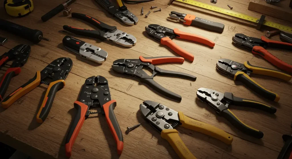 A collection showcasing various types of wire strippers arranged on a wooden workbench, as reviewed on Smart AI Gears