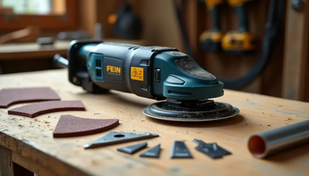 Fein oscillating multi-tool with sanding pad attached, resting on a wooden workbench surrounded by triangular sanding pads and multiple cutting/scraping blade accessories. Smart AI Gears