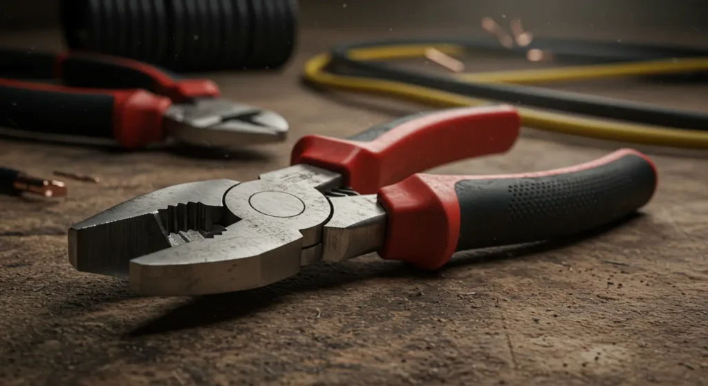 Basic electrician tools – lineman’s pliers on rugged surface with wires in the background – Tool Tested