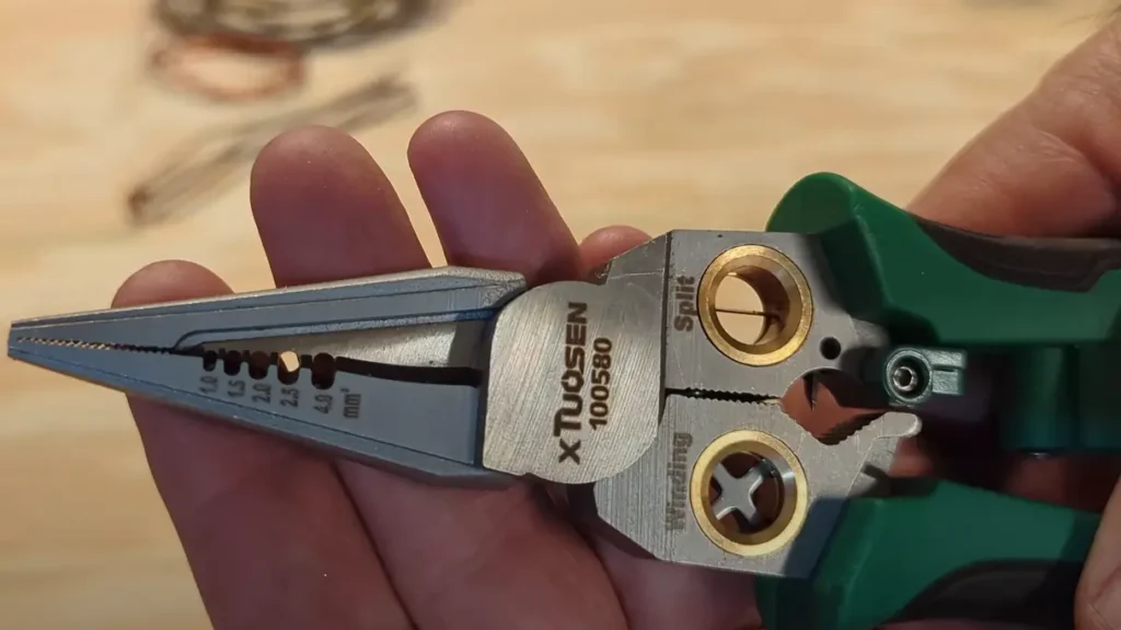 Close-up of GADO 8in1 Wire Stripper head showing mm² stripping guides, cutter, and twisting mechanisms - Smart AI Gears