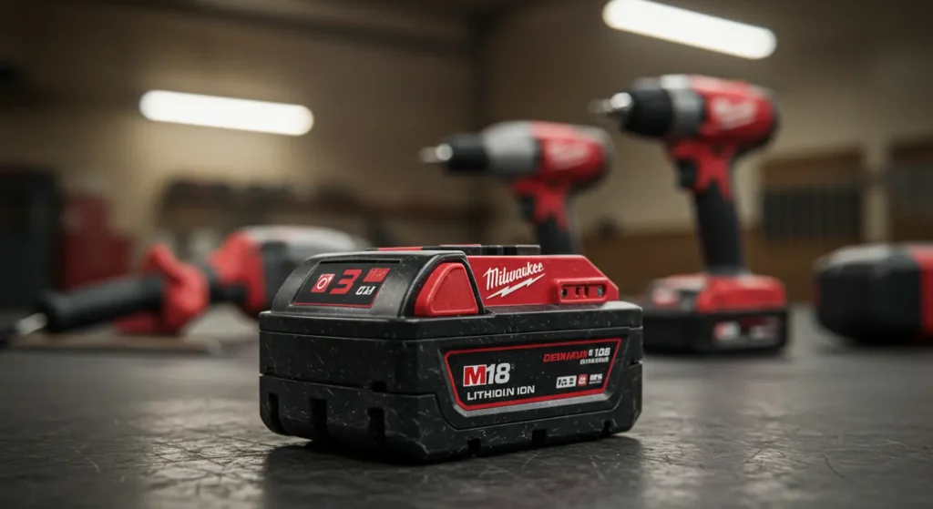 A Milwaukee M18 batteries is shown in the foreground, with various Milwaukee cordless power tools blurred in the background on a workbench. The battery is black and red, clearly displaying the Milwaukee logo and the "M18 High Output" designation. Smart AI Gears