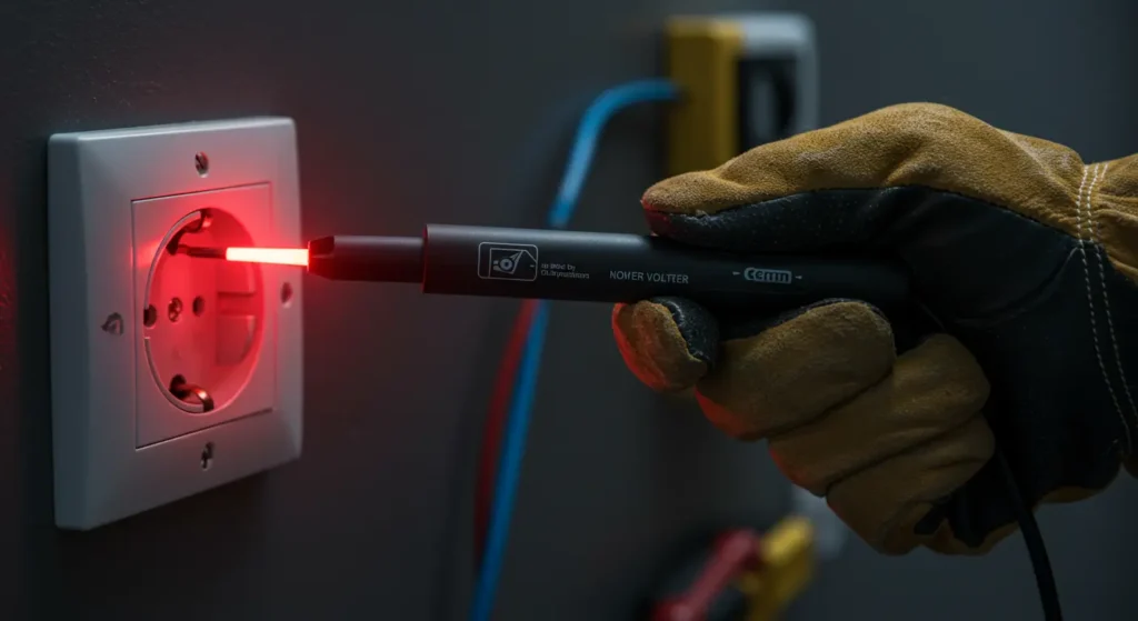 Basic electrician tools – non-contact voltage tester glowing red near active power outlet – Tool Tested