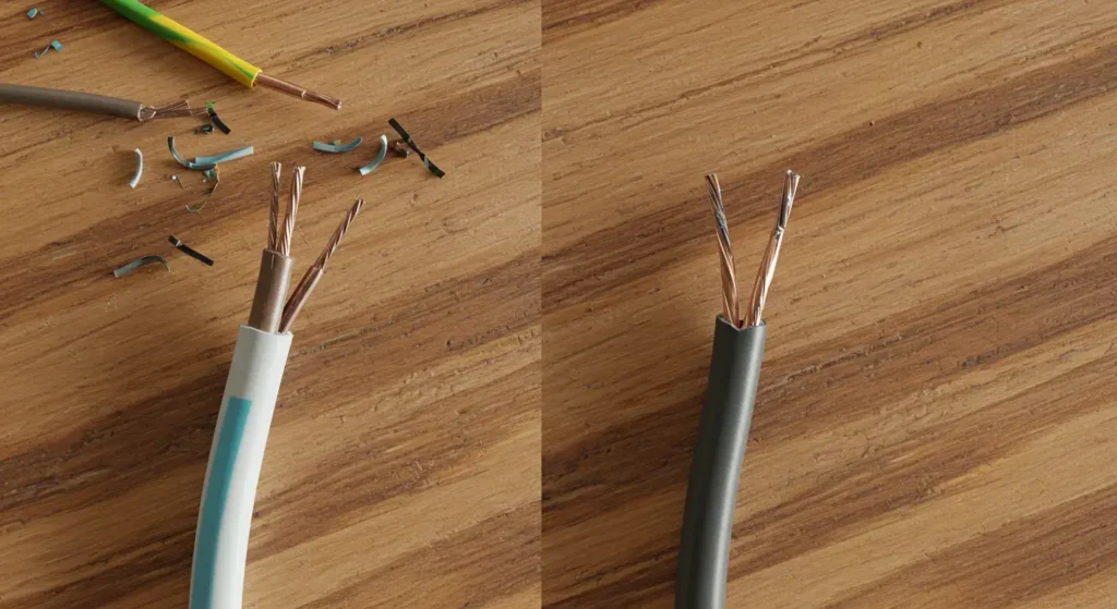 Comparison image showing two stripped electrical wires: one with nicked and damaged conductors from poor stripping (left), contrasted with one cleanly stripped with undamaged conductors (right).