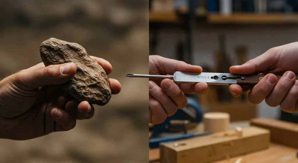 A split image showing an ancient stone tool morphing into a modern precision hand tool, symbolizing the history of tools development. Smart AI Gears