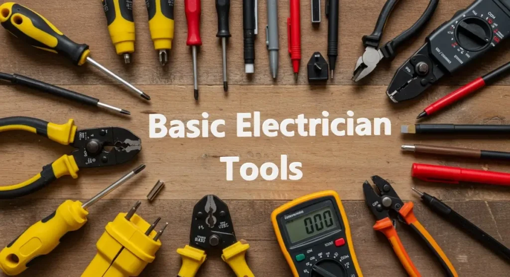 Basic electrician tools including insulated screwdrivers, wire strippers, lineman's pliers, voltage tester pen, and digital multimeter on a wooden workbench – essential tools for electrical work, featured on Smart AI Gears