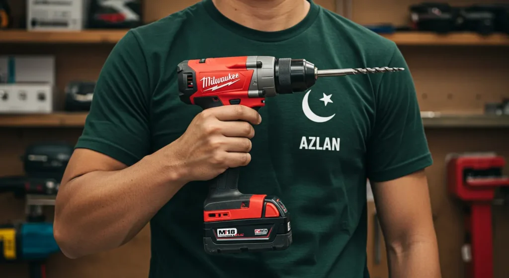 Azlan holding the Milwaukee M18 Fuel Hammer drill for a review on Tool Tested. Milwaukee M18 Fuel Hammer. Smart AI Gears