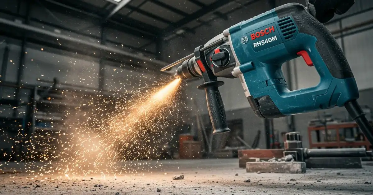 Bosch RH540M Rotary Hammer in Action Drilling Concrete - Powerful Performance - Smart AI Gears