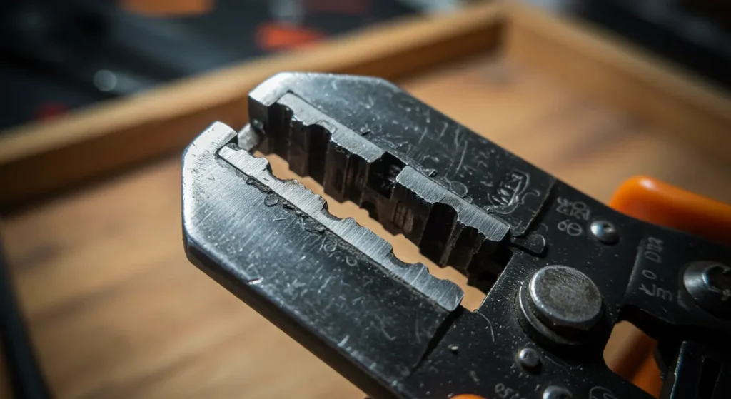 Macro photo showing the detailed cutting notches and blades on the jaws of a manual wire stripper, designed for precise insulation removal. Guide of Tool Tested.