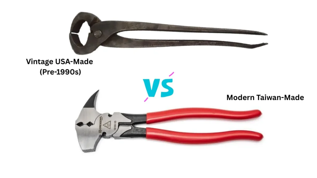 Comparison image: Vintage USA-made Crestoloy pliers (top) vs modern Taiwan-made Crescent fencing pliers (bottom), showing differences in design and finish. Crescent fencing pliers review on Tool Tested.