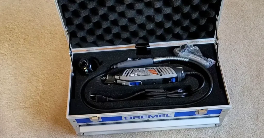 Open Dremel hard case showing the Dremel 4300 rotary tool and Flex Shaft attachment organized securely within custom foam inserts.