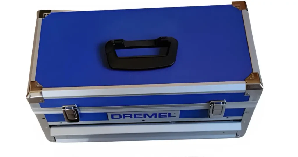 Blue hard-sided Dremel tool case with aluminum trim, metal latches, and carry handle, possibly for the Platinum kit.