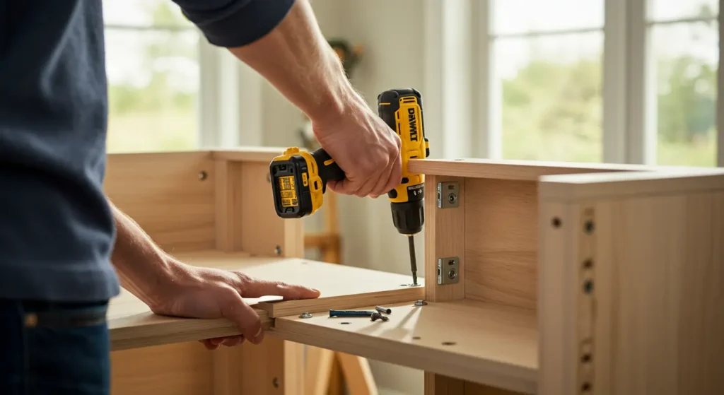 Person assembling furniture using the DeWalt 8V MAX twisting cordless screwdriver.