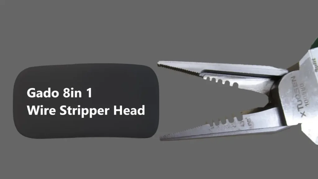 Close-up detail of GADO 8in1 Wire Stripper head showing needle-nose tips and metric (mm²) wire stripping notches - Tool Tested review image