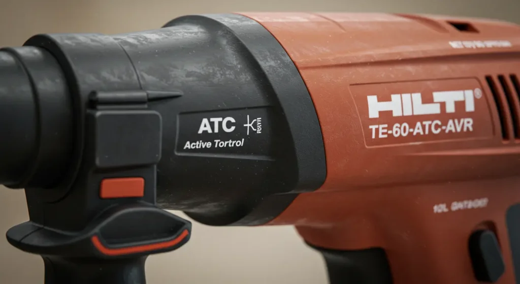 Close-up of Rotary Hammer Review showcasing ATC and AVR safety feature markings on Tool Tested.
