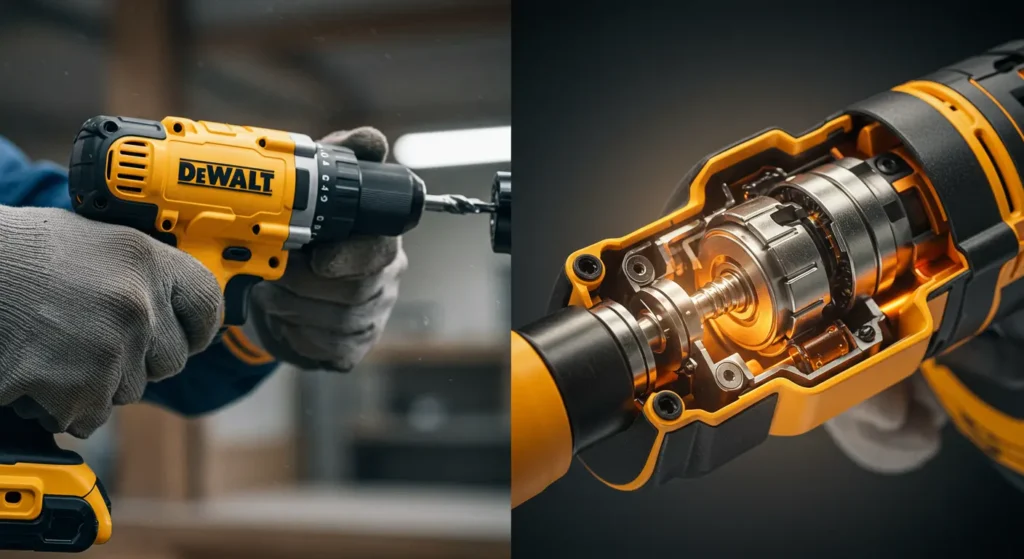 Split-screen image demonstrating the twisting motion control of the DeWalt 8V MAX twisting cordless screwdriver