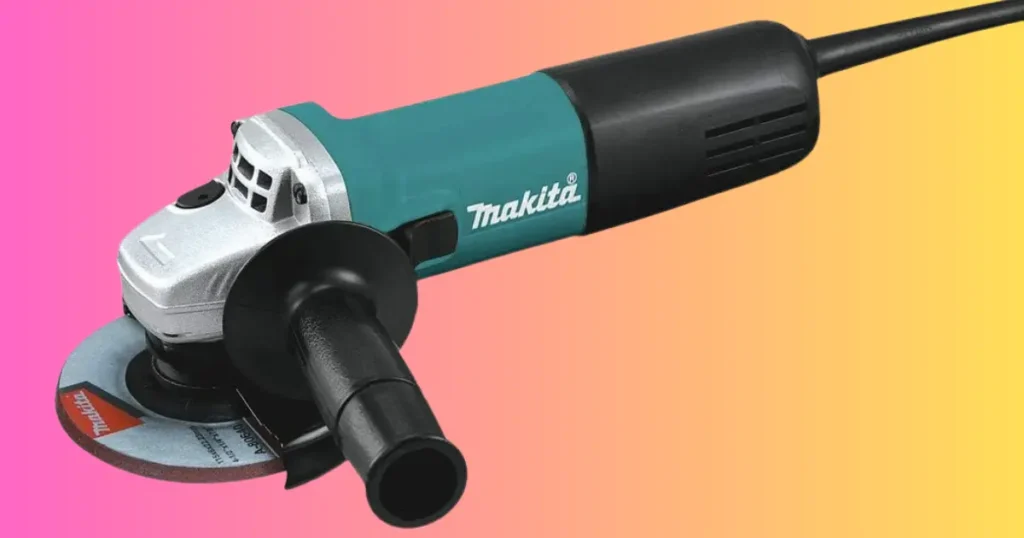 Makita 9557NB angle grinder with side handle and grinding disc attached, viewed from the side - Smart AI Gears.