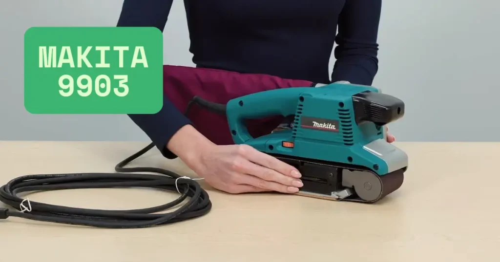 Close-up of Makita 9903 belt sander being tested on a job site workbench. Smart AI Gears