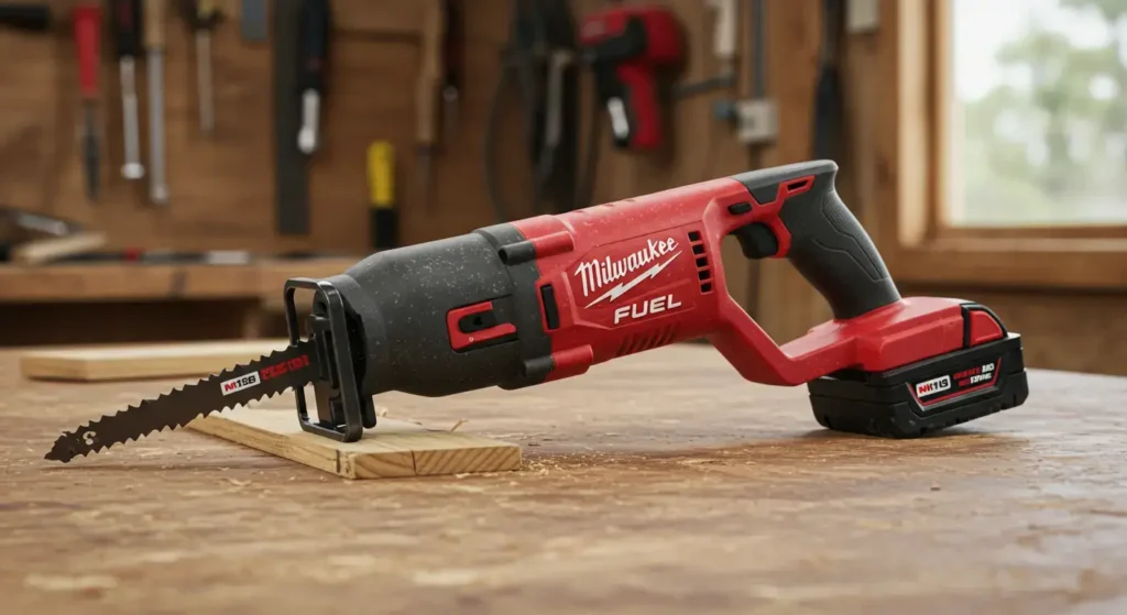 The powerful red and black Milwaukee Fuel Reciprocating Saw 2821-20 ready for use. Smart AI Gears