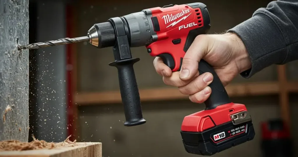 Milwaukee M18 Fuel Hammer drilling into wood.