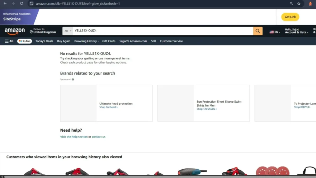 Screenshot of Amazon search showing "No results for YELL51X-OUZ4," proving the product is not available for sale.