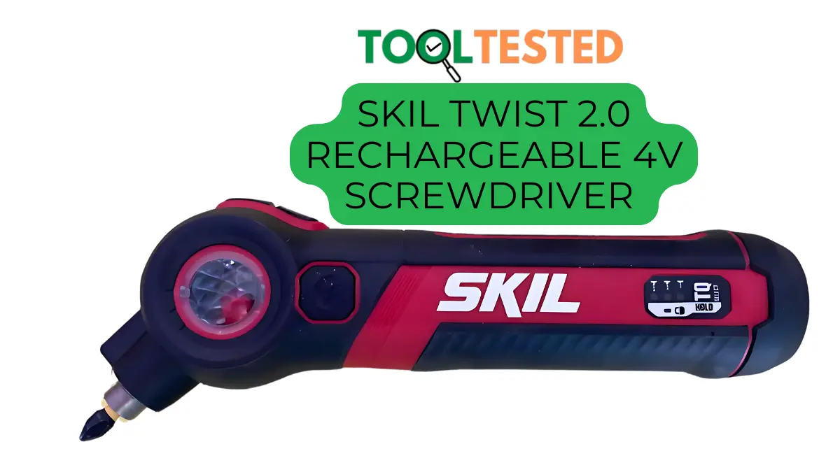 A SKIL Twist 2.0 Rechargeable 4V Screwdriver is shown on a white background. The screwdriver is black and red with the SKIL logo in white. A green banner at the top reads "TOOLTESTED SKIL TWIST 2.0 RECHARGEABLE 4V SCREWDRIVER". Published on Smart AI Gears.