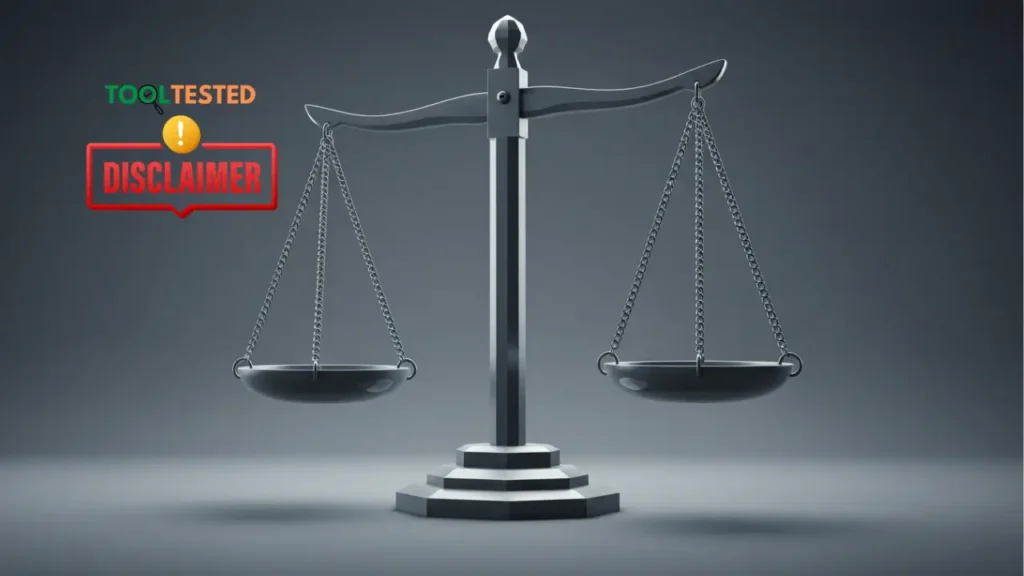 Scales of Justice header image for Tool Tested Disclaimer page. This grayscale depiction of balanced scales represents legal fairness, impartiality, and the defined scope of responsibility clarified within Smart AI Gears website Disclaimer and user information.