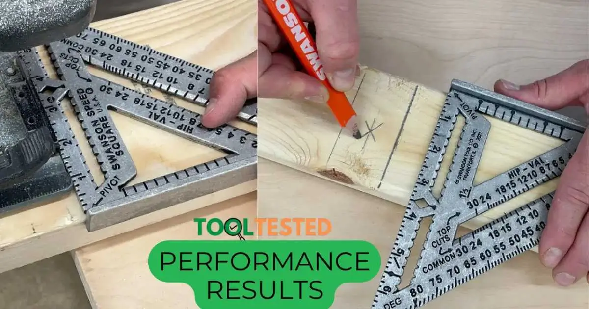 Hands using the Swanson Speed Square to mark wood for cutting, as demonstrated on Tool Tested.