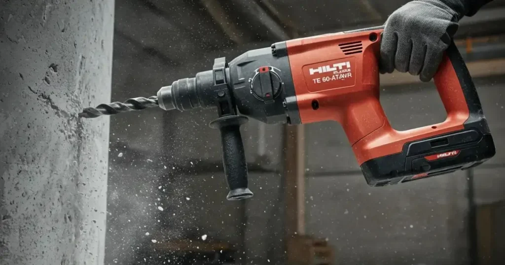 Action shot of Rotary Hammer Review drilling concrete in a job site test for Tool Tested.