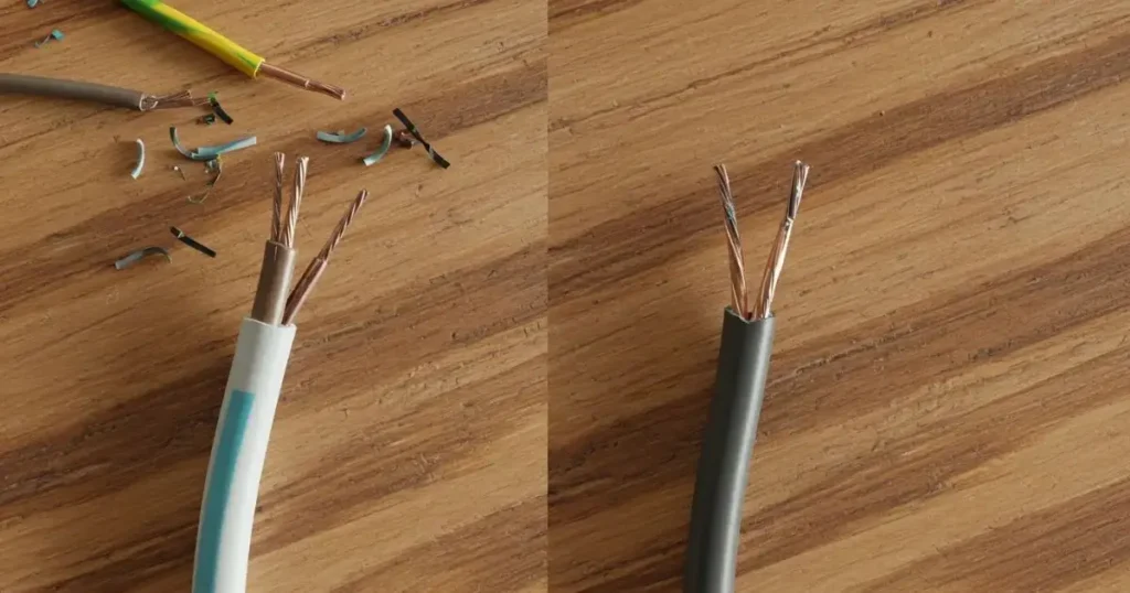 Comparison image showing two stripped electrical wires: one with nicked and damaged conductors from poor stripping (left), contrasted with one cleanly stripped with undamaged conductors (right).