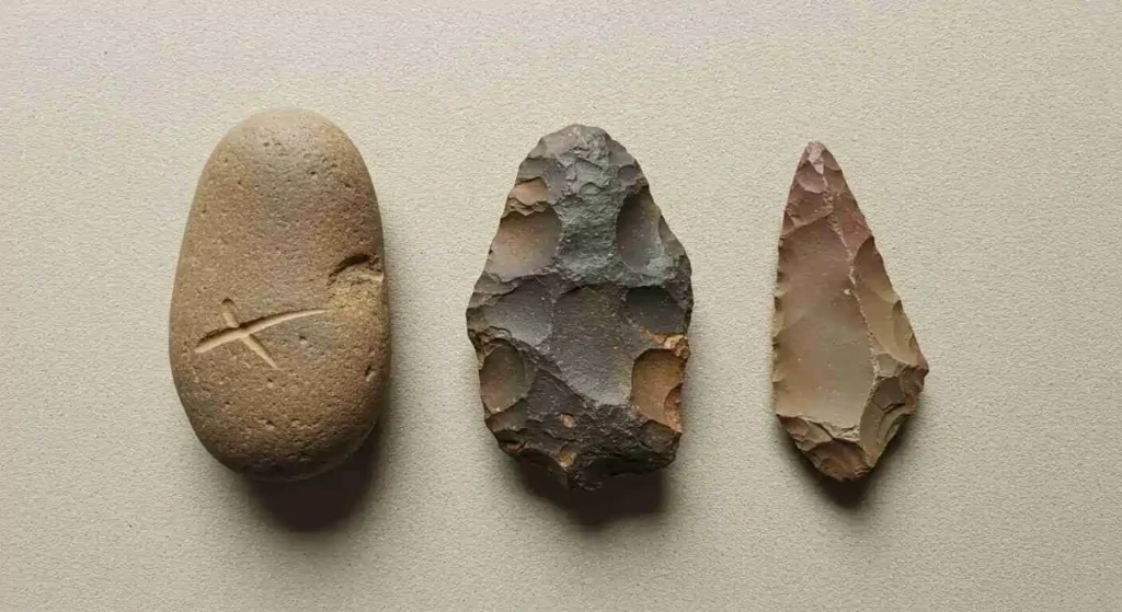 A clear display of three distinct Oldowan stone tools: a battered hammerstone, a stone core with flake scars, and a sharp stone flake, arranged on a neutral surface.