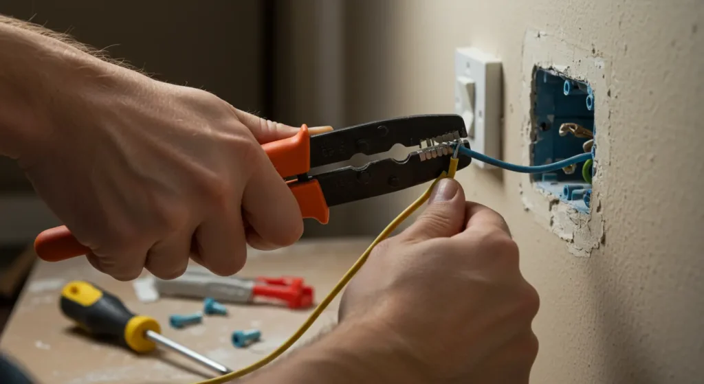 Hands using a manual wire stripper tool to remove insulation from a blue electrical wire connected inside a wall-mounted electrical box.