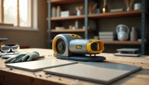Image shows a grey and yellow tile tool next to tiles, gloves, and safety glasses in a workshop. Represents the discussed YELL51X-OUZ4 product. Smart AI Gears.