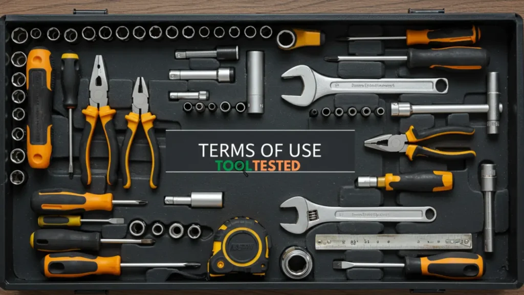 Organized toolbox header image for Tool Tested Terms of Use page. This meticulously arranged toolbox visually represents the structured and reliable nature of Smart AI Gears website rules and user agreement.