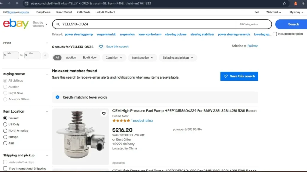 eBay search results page displaying "0 results for YELL51X-OUZ4" and "No exact matches found," confirming its absence from the platform.