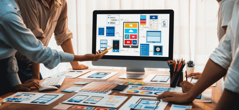 UI/UX designers at Smart AI Gears collaborating on an app's blueprint, considering how it will translate into future Engaging Product Videos.