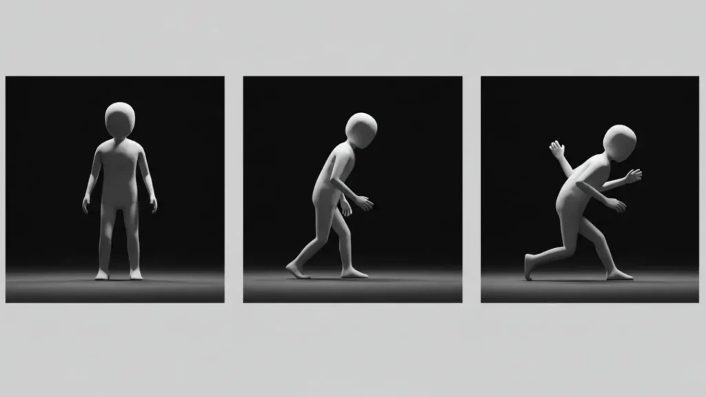 Three side-by-side frames showing slightly different, inconsistent AI-generated characters, illustrating a common problem in AI video tools.