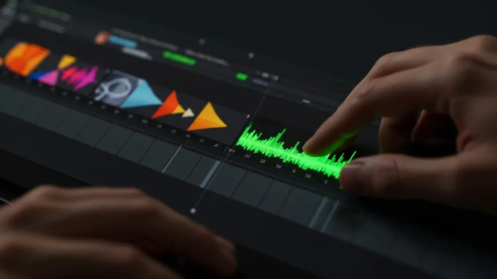 A user dragging a music file into an AI video editor's timeline to add mood and pacing.